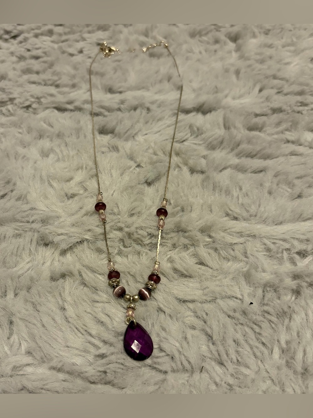 Vintage Purple Glass Teardrop Pendant Beaded Necklace Silver Chain